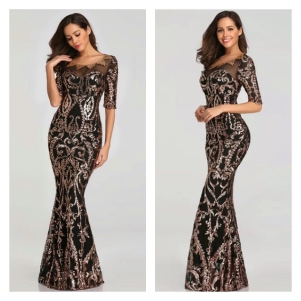 Preorder | Black Gold Sequin Embelish Mermaid Gown - Picture 3 of 8